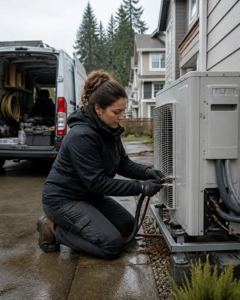 An HVAC technician servicing a heat pump