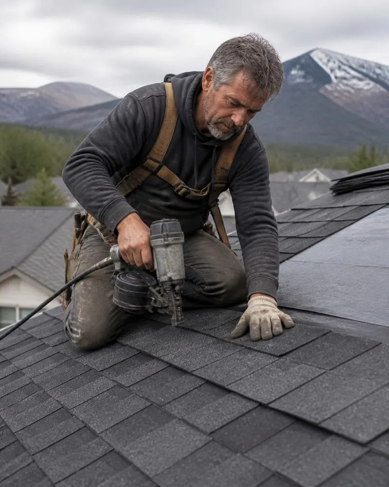 A roofer installing shingles